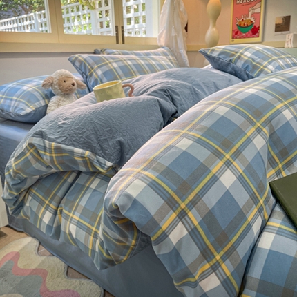 91家纺网 家纺一手货源 找家纺 （总）阿曼达 2024新款ins博主风爆款全工艺印染亲肤舒适纯色水洗m格子四件套（有买家秀）