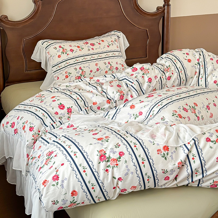 91家纺网 家纺一手货源 找家纺 窝米 2024夏季纯棉法式复古雪纺大花边四件套系列第二批 悦夏花边款