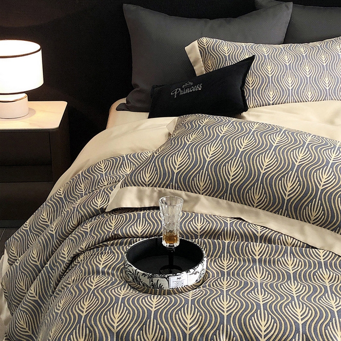 91家纺网 家纺一手货源 找家纺 2024新款60支兰精天丝数码印花四件套系列 格雷-藏青