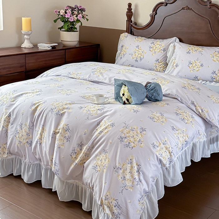 91家纺网 家纺一手货源 找家纺 窝米 2024夏季纯棉法式复古雪纺大花边四件套系列第二批 山椿花边款