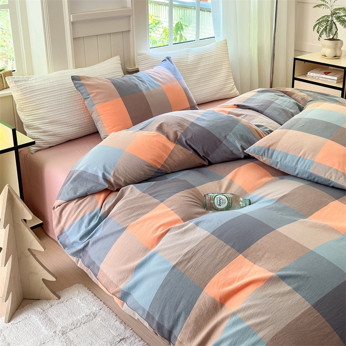 91家纺网 家纺一手货源 找家纺 北欧良品 2024新款A类全棉色织水洗棉单被套 曲奇大格粉