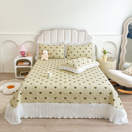 宜凡 2024新款全棉印花雪纺夹棉床盖三件套 爱心 墨绿