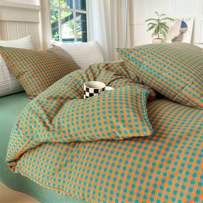 91家纺网 家纺一手货源 找家纺 北欧良品 2024新款A类全棉色织水洗棉单枕套 橙绿小格