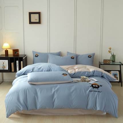 万盛家纺 2025新款全棉喷气13372刺绣卡通四件套 lucky煤球-深蓝咖