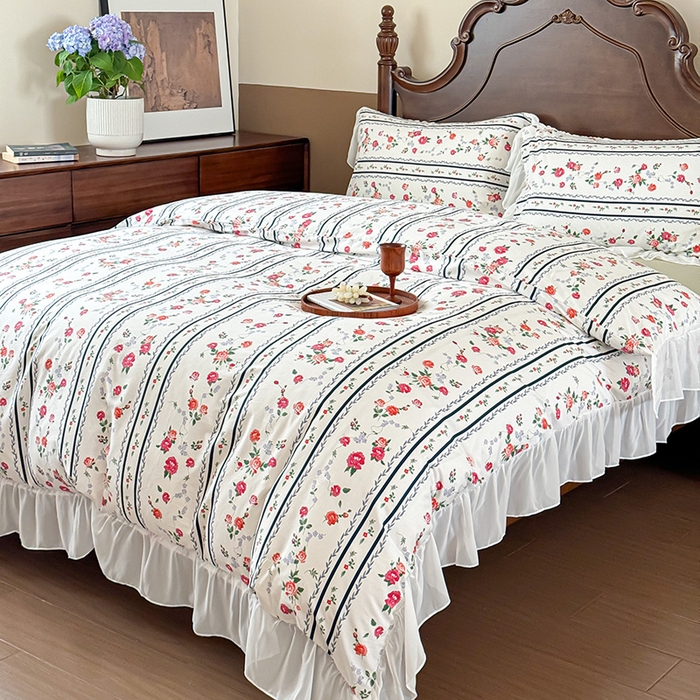 91家纺网 家纺一手货源 找家纺 窝米 2024夏季纯棉法式复古雪纺大花边四件套系列第二批 悦夏花边款