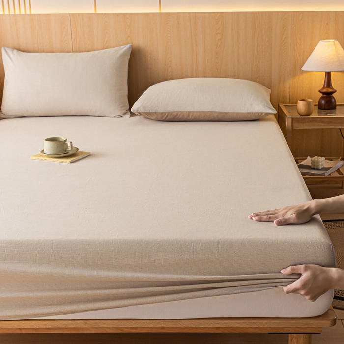 91家纺网 家纺一手货源 找家纺 雅居纺家纺 2024新款全棉色织水洗棉床笠 床笠-千鸟格卡其