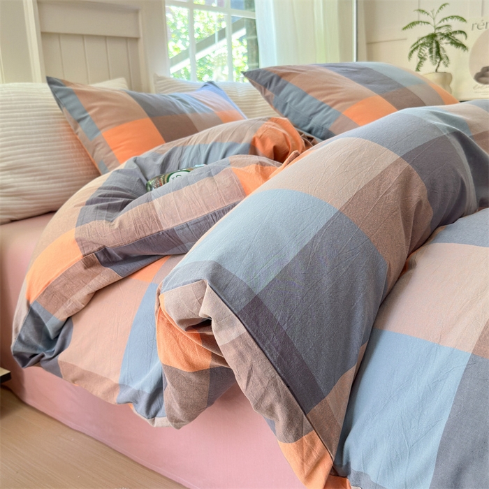 91家纺网 家纺一手货源 找家纺 北欧良品 2024新款A类全棉色织水洗棉单被套 曲奇大格粉