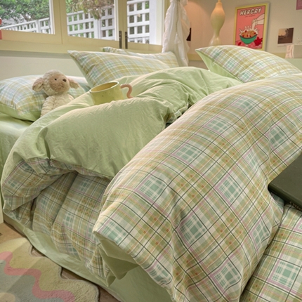 91家纺网 家纺一手货源 找家纺 阿曼达 2024新款ins博主风爆款全工艺印染亲肤舒适纯色水洗m格子四件套 （有买家秀）青柚格