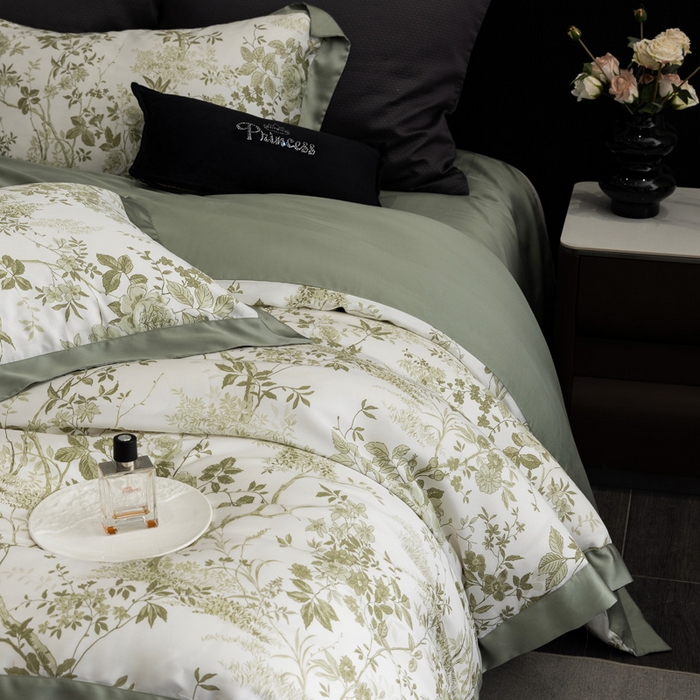 91家纺网 家纺一手货源 找家纺 2024新款60支兰精天丝数码印花四件套系列 玛亚-绿