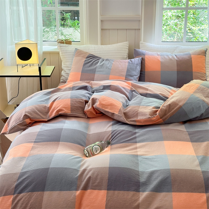 91家纺网 家纺一手货源 找家纺 北欧良品 2024新款A类全棉色织水洗棉单被套 曲奇大格粉