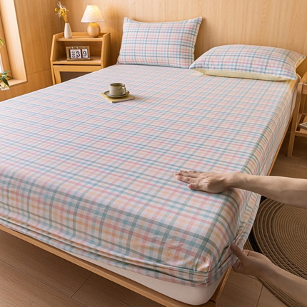 雅居纺家纺 2024新款全棉色织水洗棉床笠 床笠-奶油格