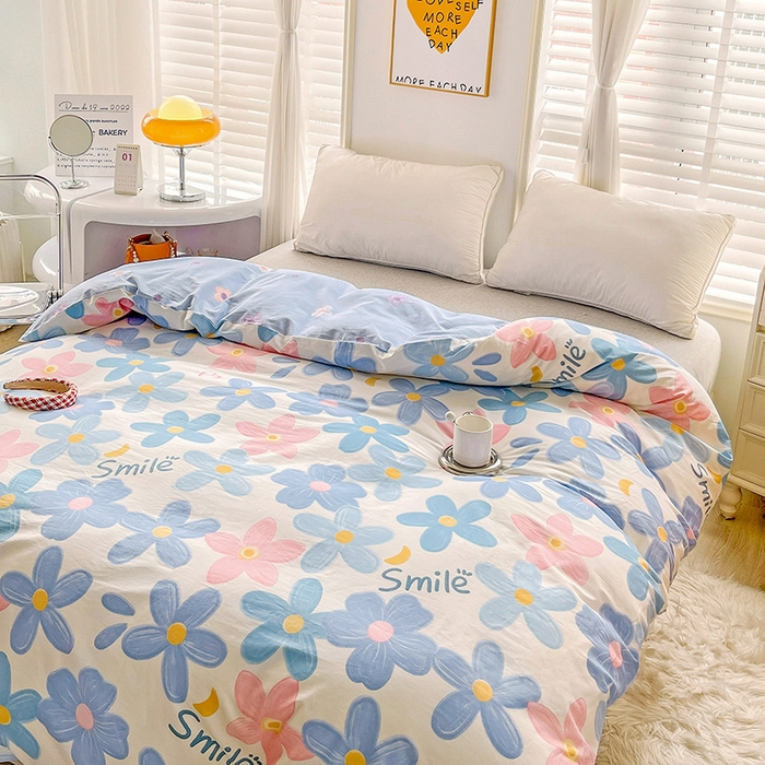 91家纺网 家纺一手货源 找家纺 2024新款ins风全棉印花单品被套 浅浅花漾蓝