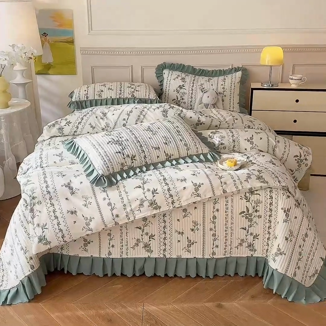 91家纺网 家纺一手货源 找家纺 美达家纺 2025新款全棉半夹棉花边床盖四件套 香榭丽舍