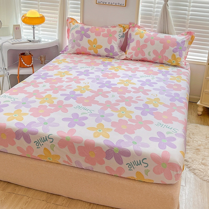 91家纺网 家纺一手货源 找家纺 恩泽 2024新款ins风全棉单品床笠 浅浅花漾粉