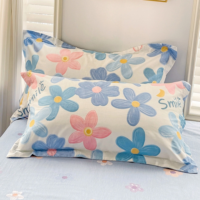 91家纺网 家纺一手货源 找家纺 恩泽 2024新款ins风全棉单品枕套 浅浅花漾蓝