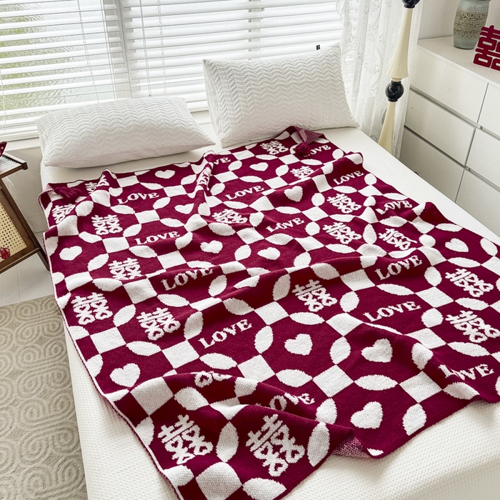 91家纺网 家纺一手货源 找家纺 苏艺针织盖毯 2024新款中式风高端婚礼喜字毛毯 针织毯喜-love喜字盖毯