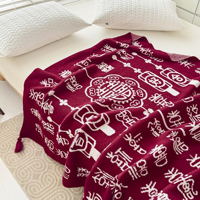 91家纺网 家纺一手货源 找家纺 苏艺针织盖毯 2024新款中式风高端婚礼喜字毛毯 针织喜-繁百年好合盖毯