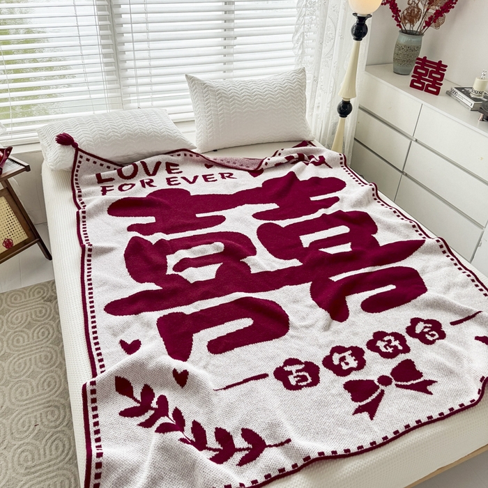 91家纺网 家纺一手货源 找家纺 苏艺针织盖毯 2024新款中式风高端婚礼喜字毛毯 针织喜-大喜百年好合盖毯