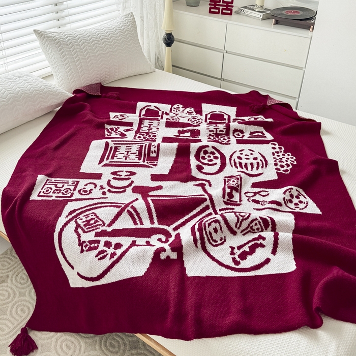 91家纺网 家纺一手货源 找家纺 苏艺针织盖毯 2024新款中式风高端婚礼喜字毛毯 针织喜-复古喜字盖毯