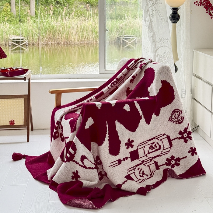 91家纺网 家纺一手货源 找家纺 苏艺针织盖毯 2024新款中式风高端婚礼喜字毛毯 针织喜-天作之合喜字盖毯