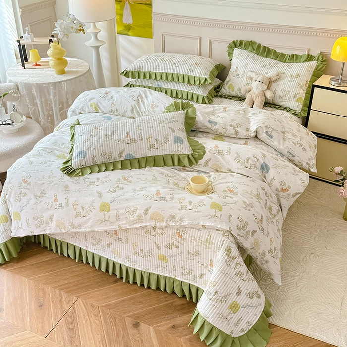 91家纺网 家纺一手货源 找家纺 美达家纺 2025新款全棉半夹棉花边床盖四件套 童话故事