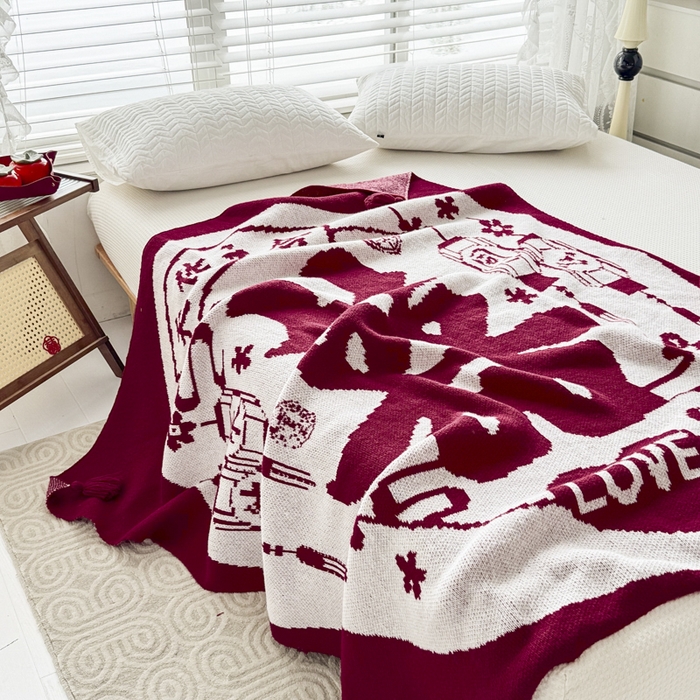 91家纺网 家纺一手货源 找家纺 苏艺针织盖毯 2024新款中式风高端婚礼喜字毛毯 针织喜-天作之合喜字盖毯