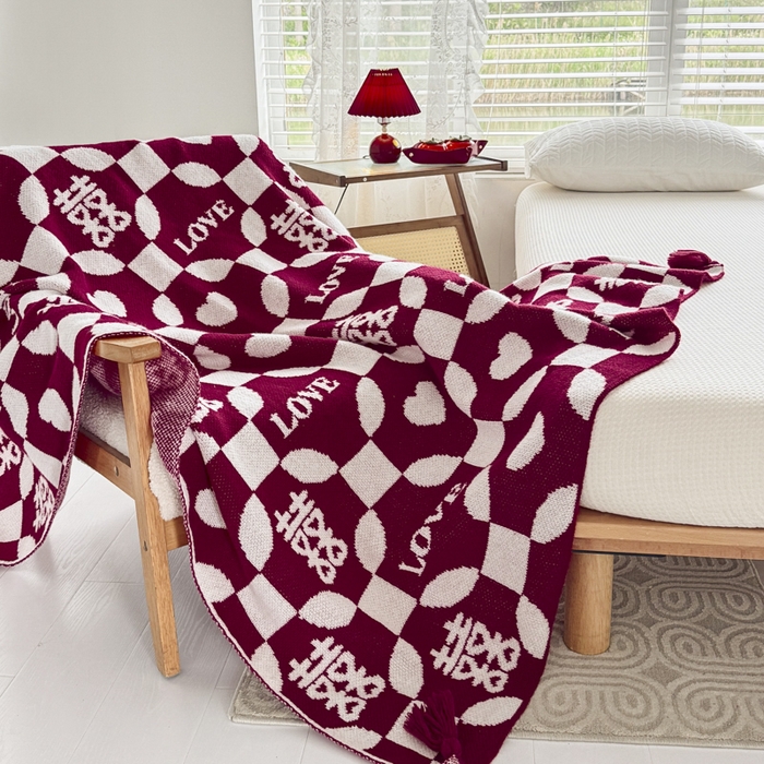 91家纺网 家纺一手货源 找家纺 苏艺针织盖毯 2024新款中式风高端婚礼喜字毛毯 针织毯喜-love喜字盖毯