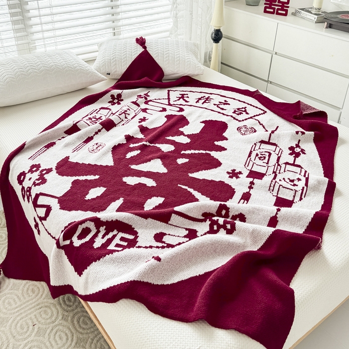 91家纺网 家纺一手货源 找家纺 苏艺针织盖毯 2024新款中式风高端婚礼喜字毛毯 针织喜-天作之合喜字盖毯