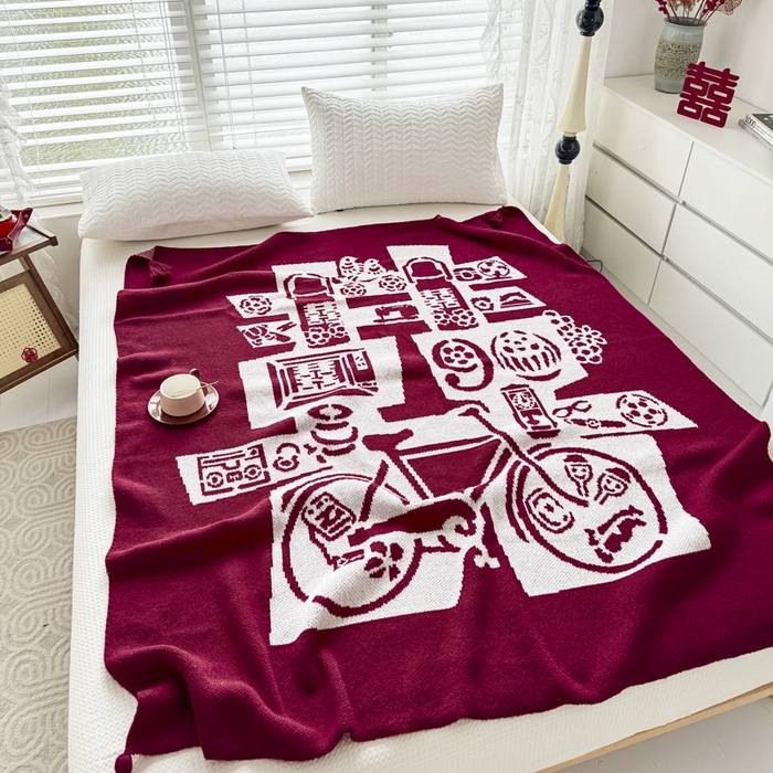 91家纺网 家纺一手货源 找家纺 苏艺针织盖毯 2024新款中式风高端婚礼喜字毛毯 针织喜-复古喜字盖毯