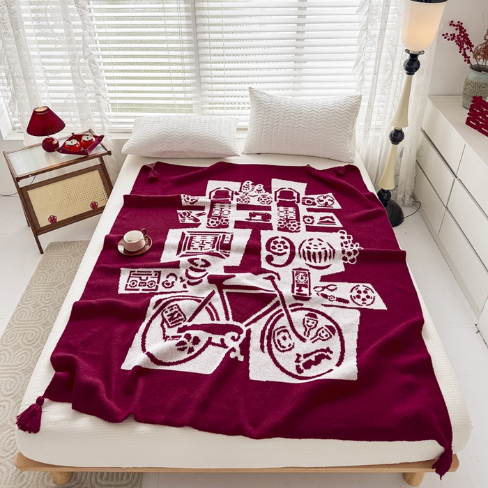 91家纺网 家纺一手货源 找家纺 苏艺针织盖毯 2024新款中式风高端婚礼喜字毛毯 针织喜-复古喜字盖毯