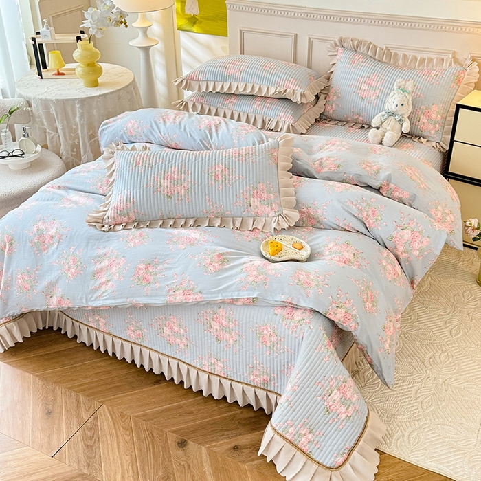 91家纺网 家纺一手货源 找家纺 美达家纺 2025新款全棉半夹棉花边床盖四件套 欧风花影