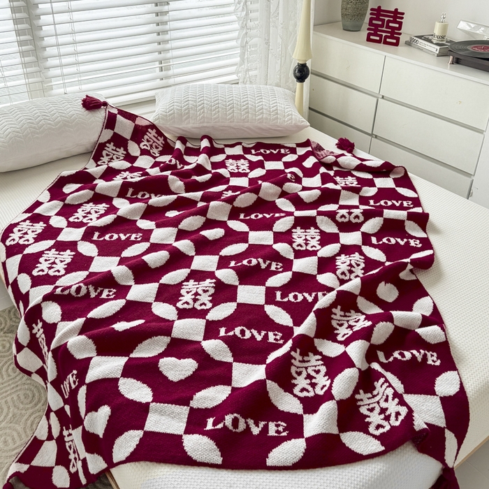 91家纺网 家纺一手货源 找家纺 苏艺针织盖毯 2024新款中式风高端婚礼喜字毛毯 针织毯喜-love喜字盖毯