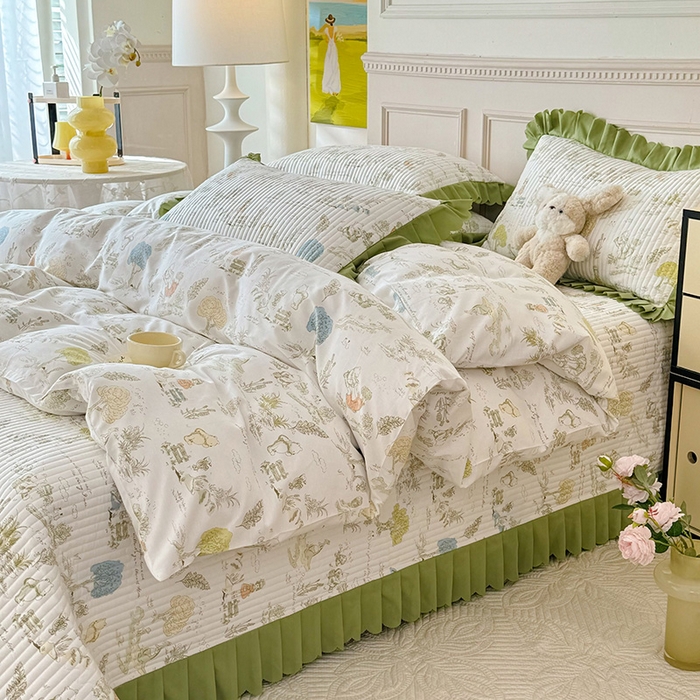 91家纺网 家纺一手货源 找家纺 美达家纺 2025新款全棉半夹棉花边床盖四件套 童话故事