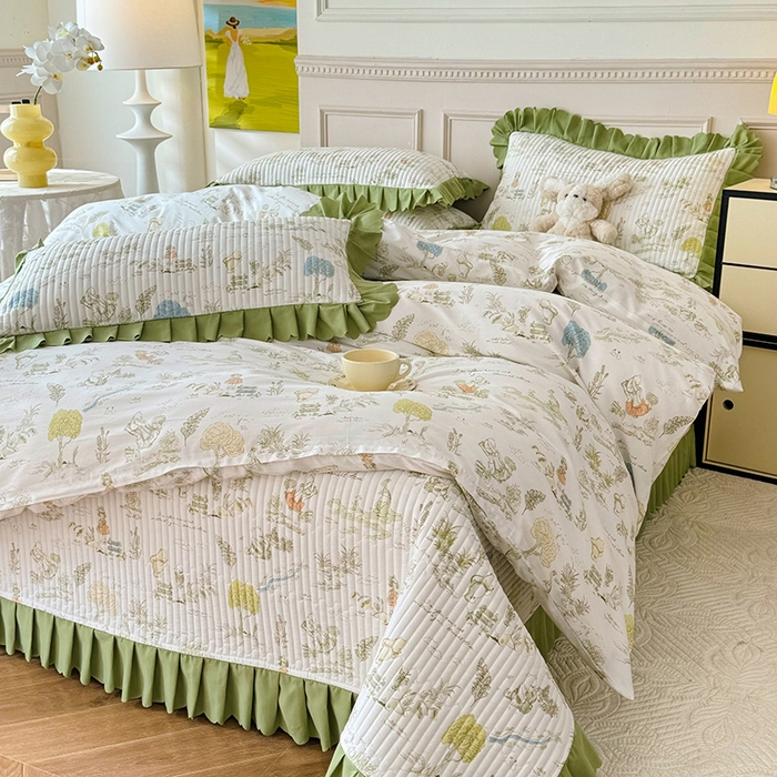 91家纺网 家纺一手货源 找家纺 美达家纺 2025新款全棉半夹棉花边床盖四件套 童话故事