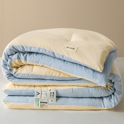 91家纺网 家纺一手货源 找家纺 莱登卡奴 2025春夏款学生宿舍被芯A类原棉水洗棉贴标大豆被夏被系列学生床被芯 水洗棉贴标款-奶白拼浅兰