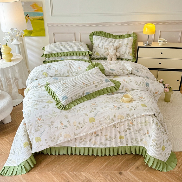 91家纺网 家纺一手货源 找家纺 美达家纺 2025新款全棉半夹棉花边床盖四件套 童话故事