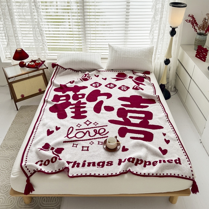 91家纺网 家纺一手货源 找家纺 苏艺针织盖毯 2024新款中式风高端婚礼喜字毛毯 针织喜-欢喜喜字盖毯