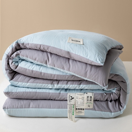 91家纺网 家纺一手货源 找家纺 莱登卡奴 2025春夏款学生宿舍被芯A类原棉水洗棉贴标大豆被夏被系列学生床被芯 水洗棉贴标款-浅蓝拼浅灰