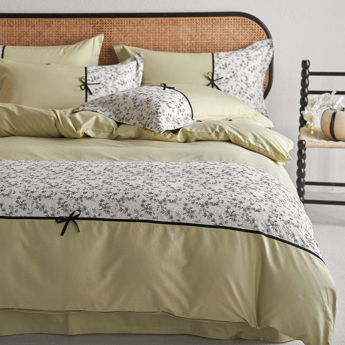 91家纺网 家纺一手货源 找家纺 2024新款全棉轻法式复古蝴蝶结刺绣工艺款四件套 奈妃-复古绿