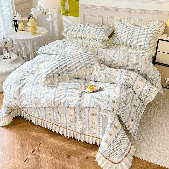 91家纺网 家纺一手货源 找家纺 美达家纺 2025新款全棉半夹棉花边床盖四件套 香榭丽舍