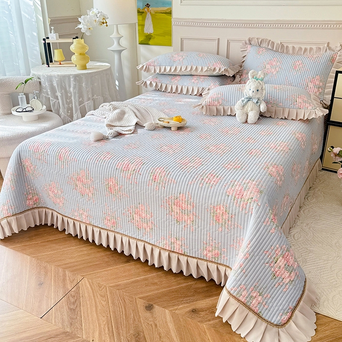 91家纺网 家纺一手货源 找家纺 美达家纺 2025新款全棉夹棉防滑小花边床盖 欧风花影