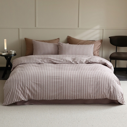 2024新款全棉色织水洗棉四件套-宽窄条 宽窄条豆沙紫
