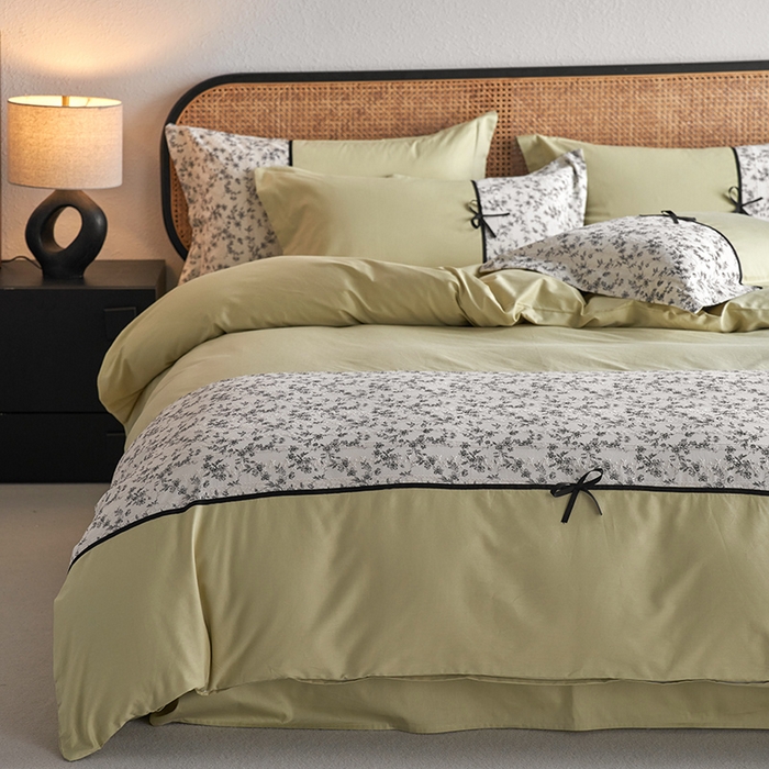 91家纺网 家纺一手货源 找家纺 2024新款全棉轻法式复古蝴蝶结刺绣工艺款四件套 奈妃-复古绿