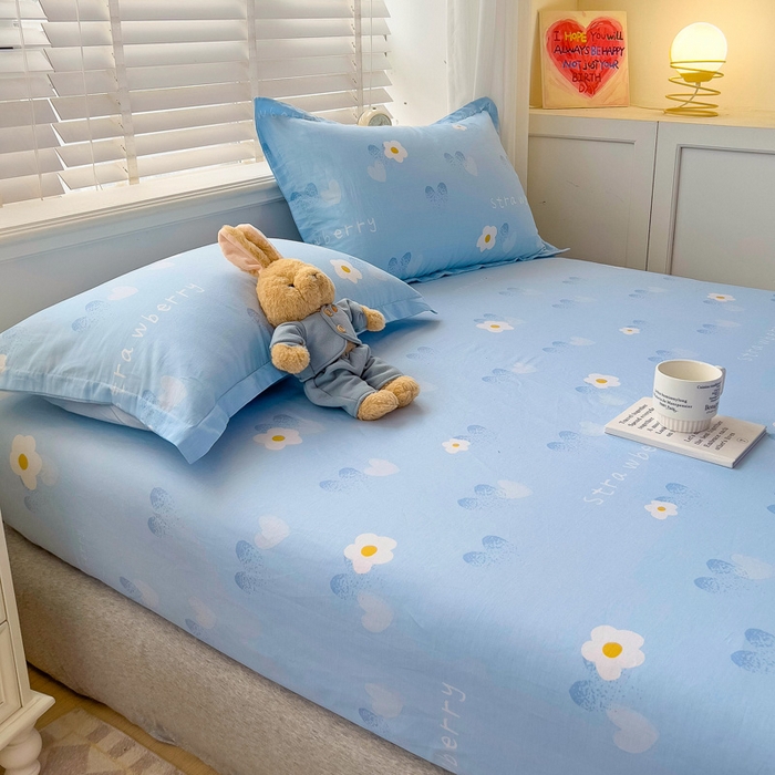 91家纺网 家纺一手货源 找家纺 恩泽 2024新款ins风全棉单品床笠 蓝色心情