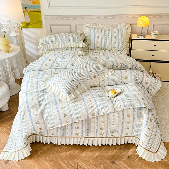 91家纺网 家纺一手货源 找家纺 美达家纺 2025新款全棉半夹棉花边床盖四件套 香榭丽舍