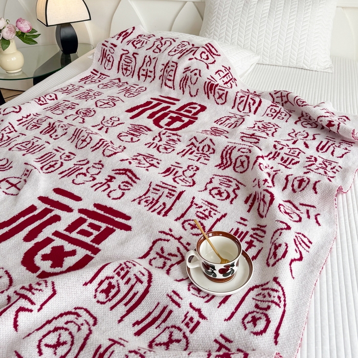 91家纺网 家纺一手货源 找家纺 苏艺针织盖毯 2024新款中式风高端婚礼喜字毛毯 针织福-多福盖毯