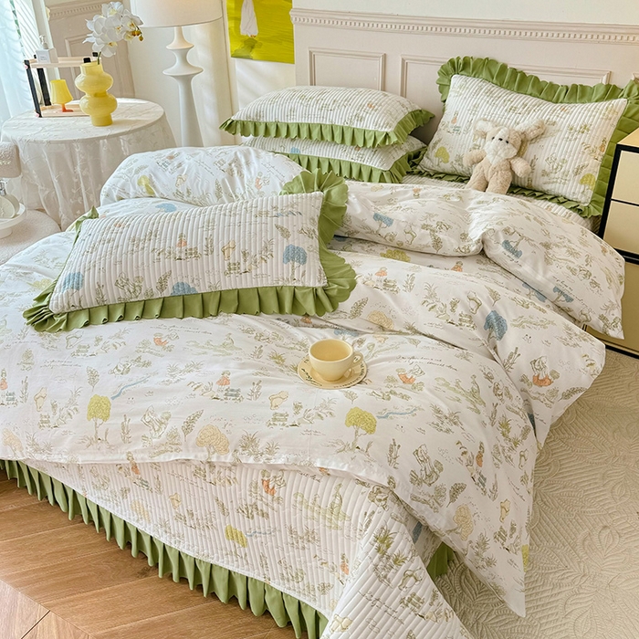 91家纺网 家纺一手货源 找家纺 美达家纺 2025新款全棉半夹棉花边床盖四件套 童话故事