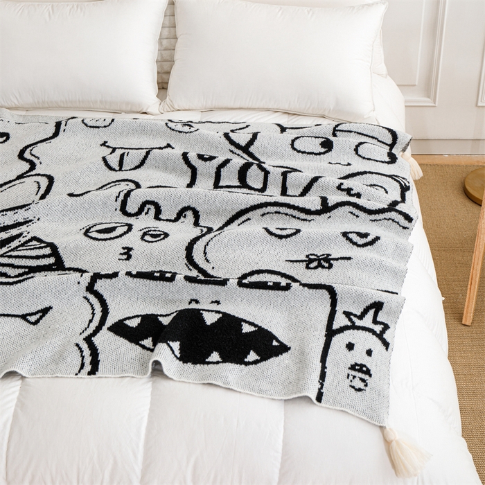 91家纺网 家纺一手货源 找家纺 苏艺针织盖毯 2024新款针织披肩沙发盖毯 针织-小怪物全家福