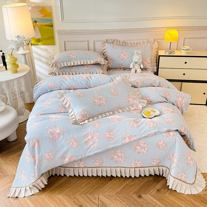 91家纺网 家纺一手货源 找家纺 美达家纺 2025新款全棉半夹棉花边床盖四件套 欧风花影