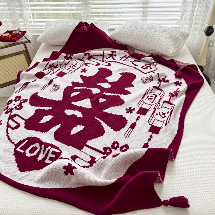 91家纺网 家纺一手货源 找家纺 苏艺针织盖毯 2024新款中式风高端婚礼喜字毛毯 针织喜-天作之合喜字盖毯